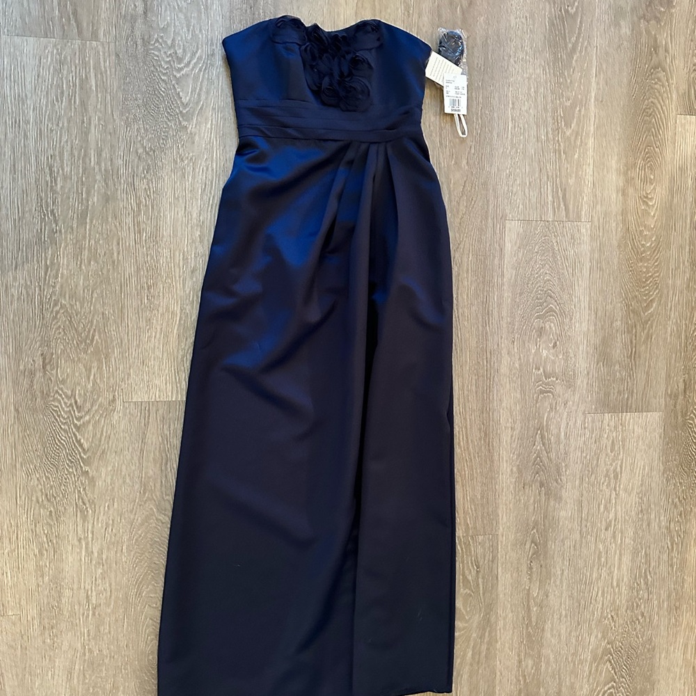Deep blue long satin bridesmaid dress from David’s bridal size 2.
